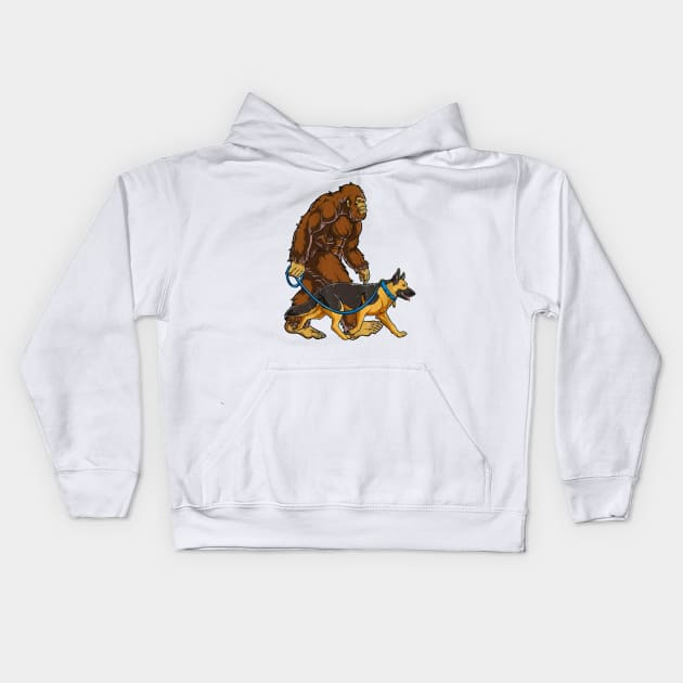 Funny Bigfoot Sasquatch Walking German Shepherd Kids Hoodie by JameMalbie